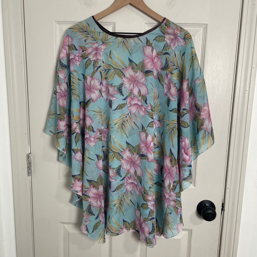 Jovie Poncho Women Blue Tropical Hibiscus Floral‎ Sheer Beachwear Coverup Resort